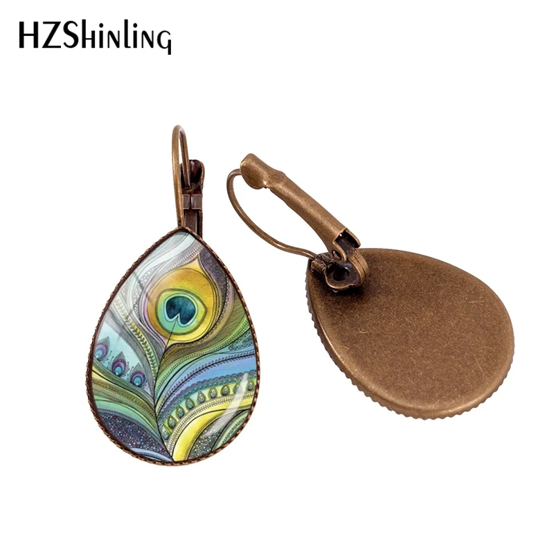 

2019 New Peacock Feather Tear Drop Earring Hand Craft Ear Clip Art Painting Drop Earring Clips Glass Dome Jewelry