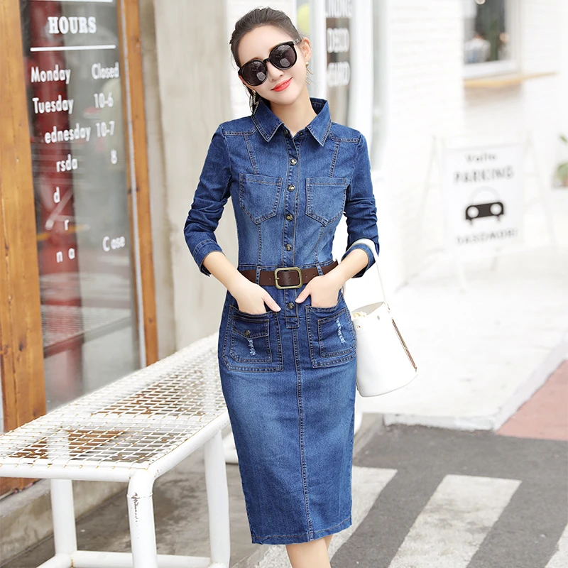 Джинсы с длинным рукавом стрейч Vestido платье Mulheres Manga Denim Com Bolsos Bodycon Vestido Elegante Повседневное платье размера плюс