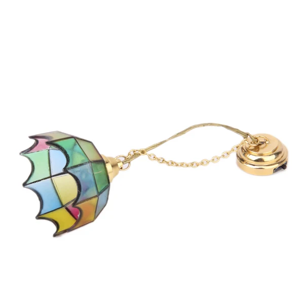 Gold Plated Metal 1:12 Dollhouse Miniature Ceiling Lamp Model With Multicolor Umbrella Shape Lampshade