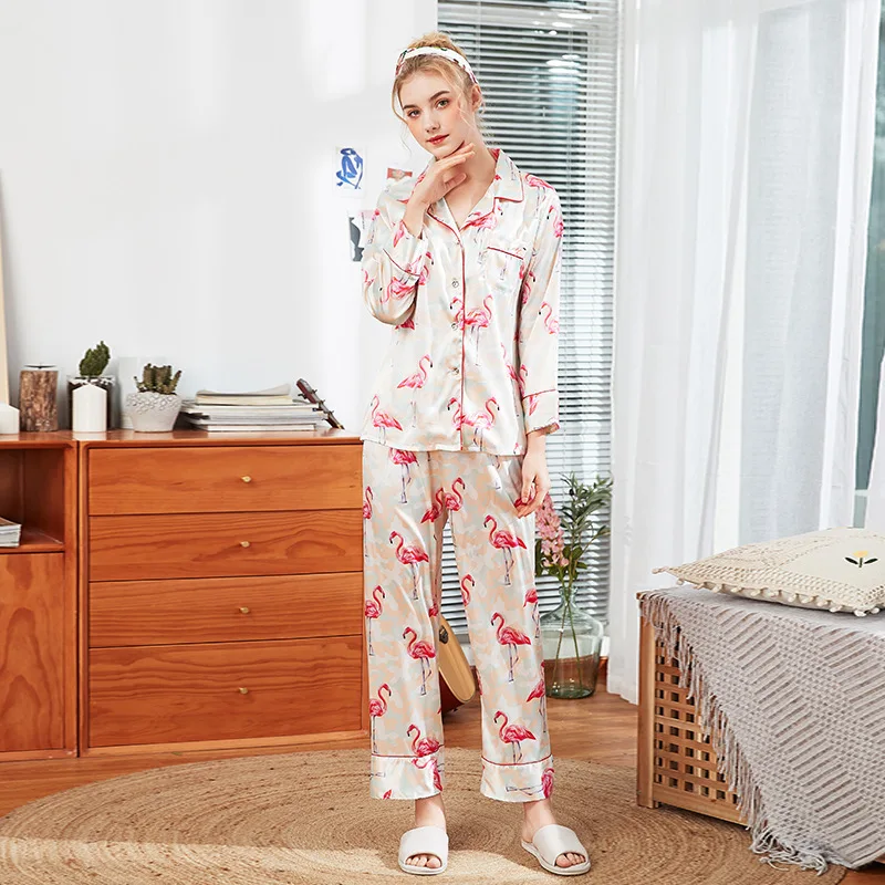 

New Summer Silky Sleep Pajamas Womens shirt Pants Suit Faux Silk Sleepwear Sets Casual Home Wear Nightwear Robe Bath Gown