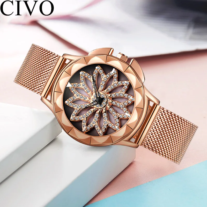 

CIVO Waterproof stainless Mesh Strap Ladies Watches Rose Gold Diamond Rotating Fashion Women Watch Clock Relogio Feminino