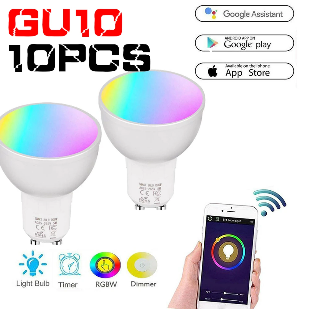 Умная лампа GU10/5,3 RGBW 5 Вт WiFi Led с регулируемой яркостью, совместима с Alexa и Google Home Assistant, пульт дистанционного управления со смартфона