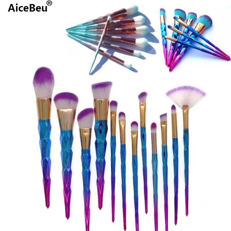 AiceBeu 7/10/12Pcs Diamond Rainbow Handle Makeup Brushes Set Foundation