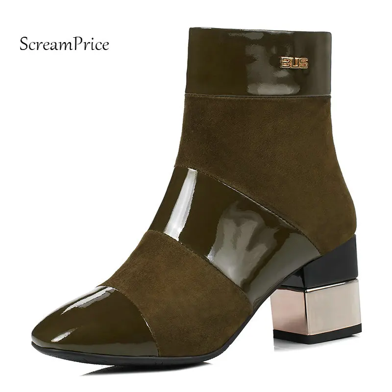 

Woman Comfort Square Heel Zipper Suede Ankle Boots Fashion Pointed Toe Dress Boots Woman Black Brown Amry Gray