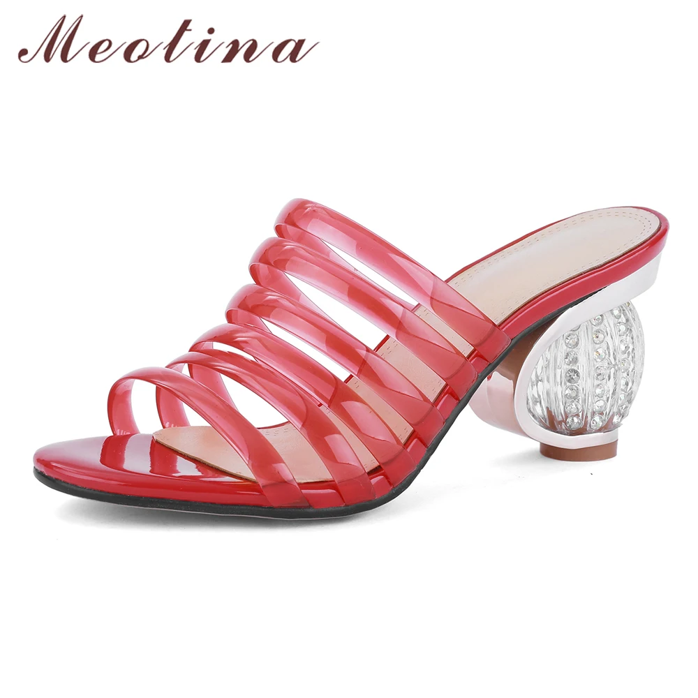 

Meotina Women Slides Summer Shoes Crystal Strange Style High Heels Shoes Transparent Open Toe Party Slippers Lady Sandals Red 43
