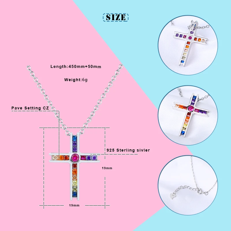 Продается заполненный 925 пробы Серебряный паве AAA CZ крошечный Радужный крест кулон красочное ожерелье CZ Очаровательное ожерелье ювелирные изделия для женщин