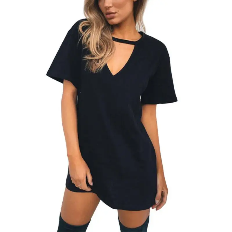 

Women Tops Tee Shirts Female Short Sleeve Dresses Vestidos Hanging V-neck Casual Sexy Halter Loose Mini Tee Dress 3 Colors