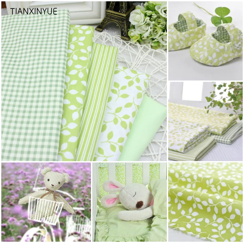 Саржа 5 шт. зеленая клетчатая полоса Цветочная 100% Органическая хлопковая ткань