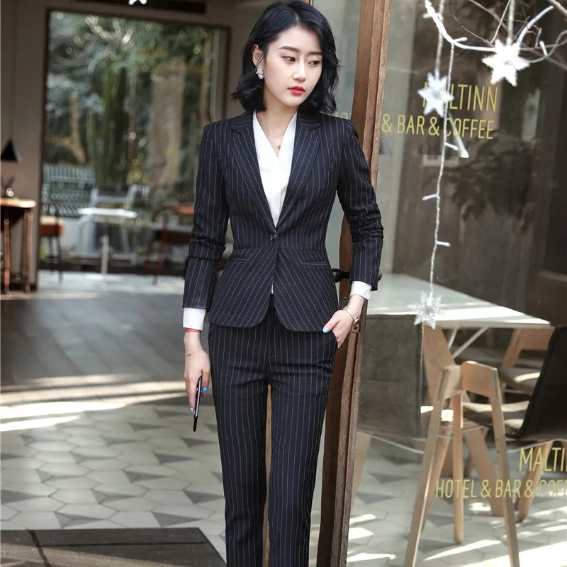 Blazers Striped grey Uniforme Avec Pour Striped Tops Blue Et Dames Femmes Styles Ensembles Striped Black Professionnel dark Pantsuits Femme Rayé Pantalon Pantalons Vestes Costumes wOqUwSB
