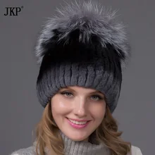 Зимняя женская шапка из меха кролика рекс с цельным лисьим мехом Топ новые модные вязаные меховые шапки elasitc хорошего качества женские шапочки THY-03