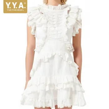 

Summer New Brand Sleeveless Petal Sleeve Ruffles Women Long Shirts Dress Pullover Stand Collar Lace Up Hollow Out Female Blouse