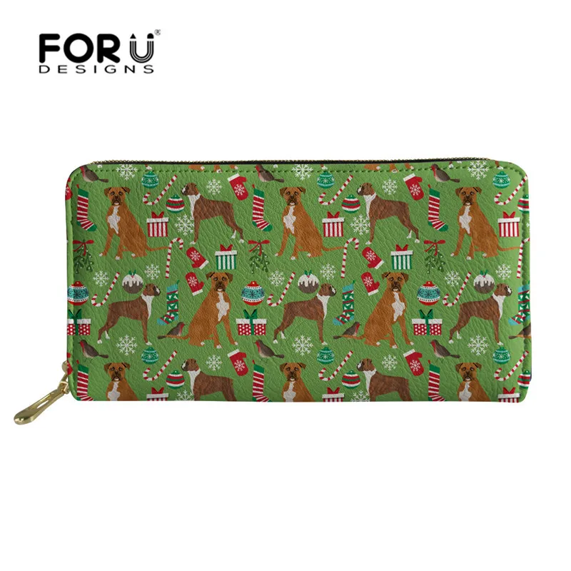 FORUDESIGNS Custom Images Christmas Boxer Dog Ladies Wallet Women Leather Purse Multifunction Women Wallet with Zipper Money Bag 