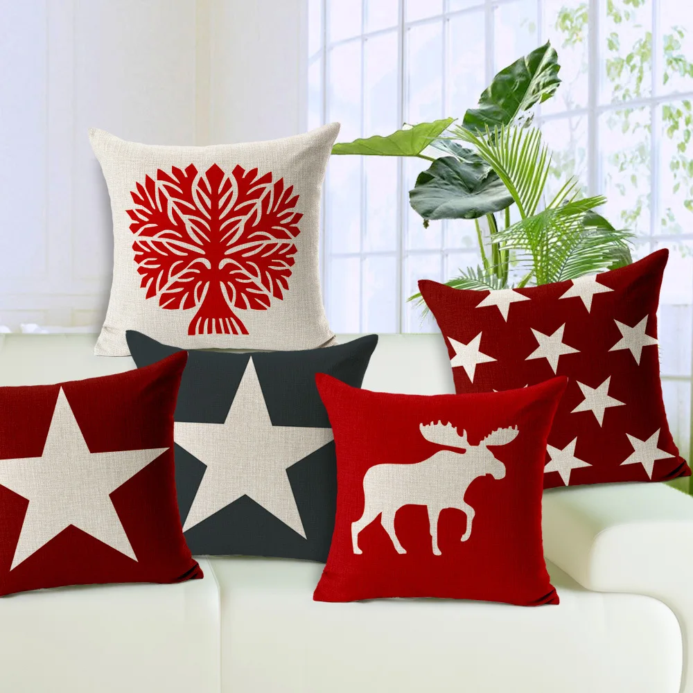 

New modern decorative throw pillows case cotton linen red geometric star cotton linen cushion cover for sofa home funda cojines