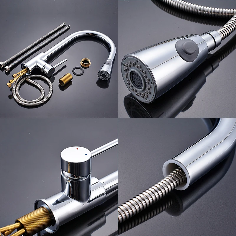 Quyanre RU Shipment Chrome Nickel Pull Out Kitchen Faucet With 2-way Sprayer 360 Rotation Single Handle Mixer Tap Sink Crane