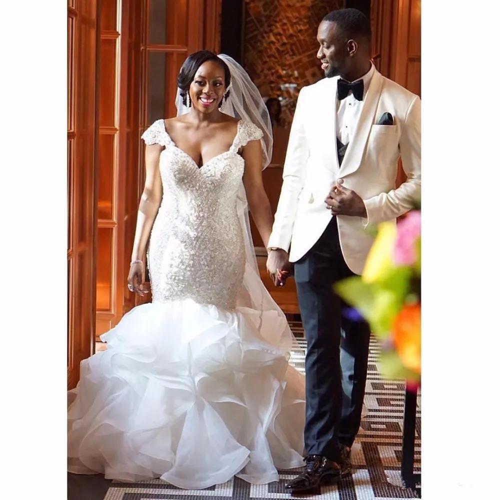 2019 Luxury Mermaid Tulle Wedding Dress African Black Women Wedding