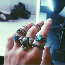 2018 New Hot Bohemian Elephants Ring 1 set 10pcs Blue Stone Retro Boho Rings Leaf Eyes same kinds Statement Rings Sets for Women chic blue bead and leaf shape embellished retro ring for women