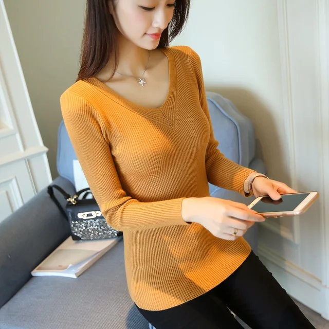 New 2017 Autumn Winter Fashion Women Sweater Sweet Female Long Sleeved V Neck Slim Sexy Tight