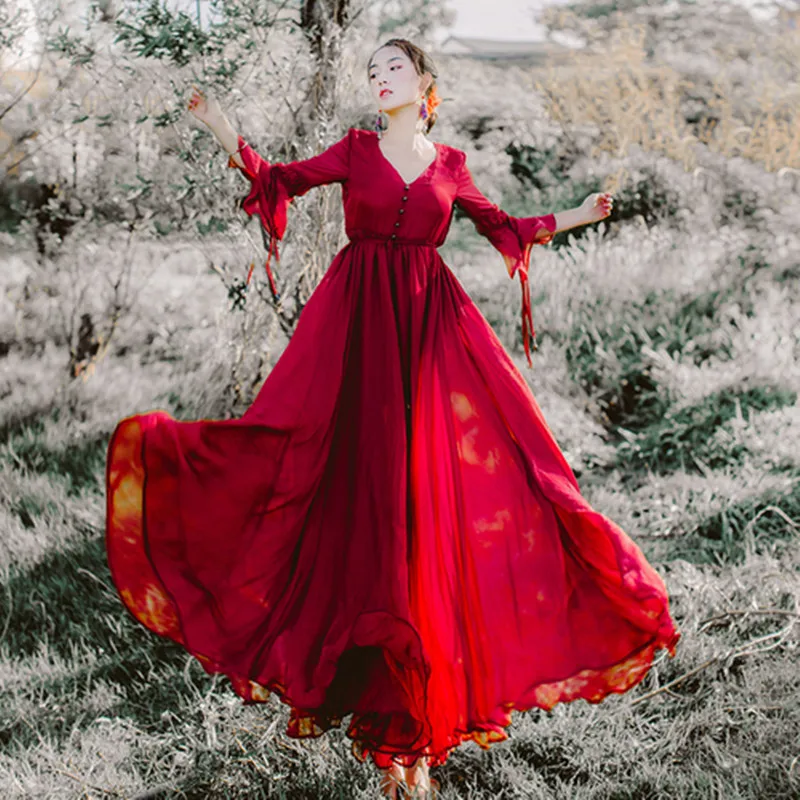 

YiLin Kay 2019 New Spring High Quality Runway Long Dress Wine red retro Collect waist dress summer dress