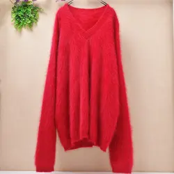 Модные женские зимние красные Большие размеры свободный Ангорский Кролик Мех ткачество v-образным вырезом с длинными рукавами пуловер из