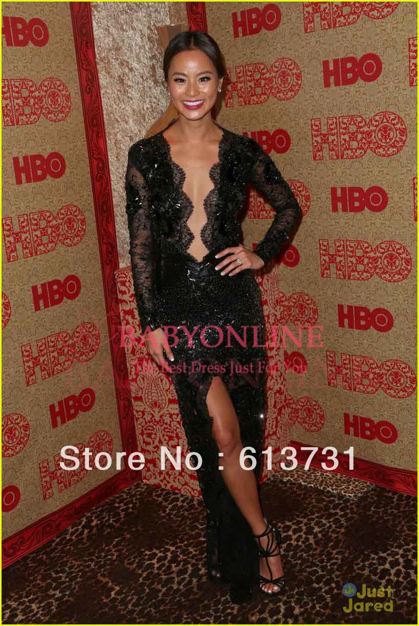 Jamie Chung V Neck Sheer Long Sleeves Side Slit Beads Black Lace 2014 71st Golden Globe Evening Celebrity Red Carpet Dresses | Свадьбы и