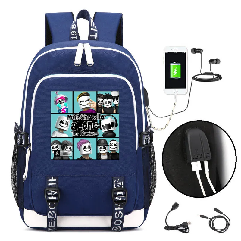 

New DJ Marshmello Dotcom Cartoon Unisex Travel Backpack USB Charging Laptop Backpack Hip-pop Women Backpack Canvas School Bags