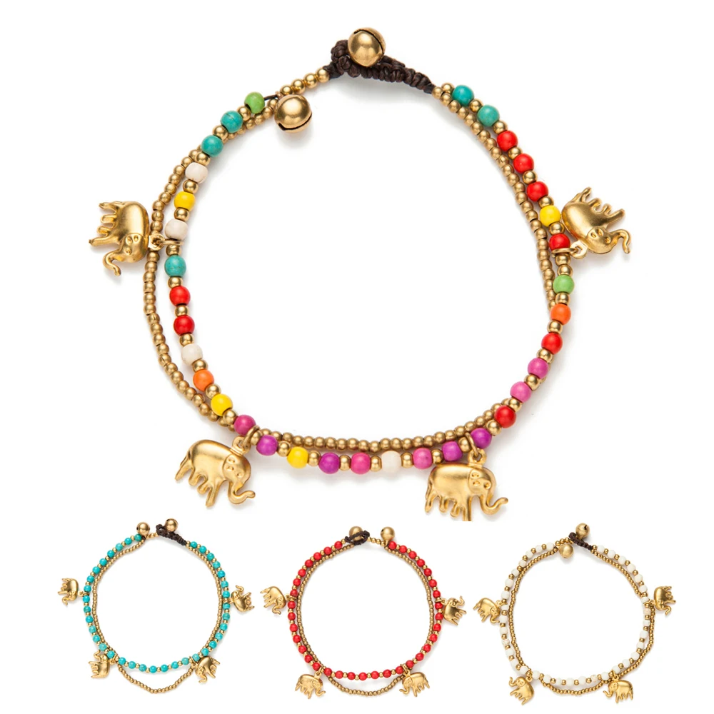 

AMOURJOUX Handmade Gold-Color Elephant Charm Anklets For Women Colorful Beaded Chain Ankle Bracelet on the Leg Foot Jewelry