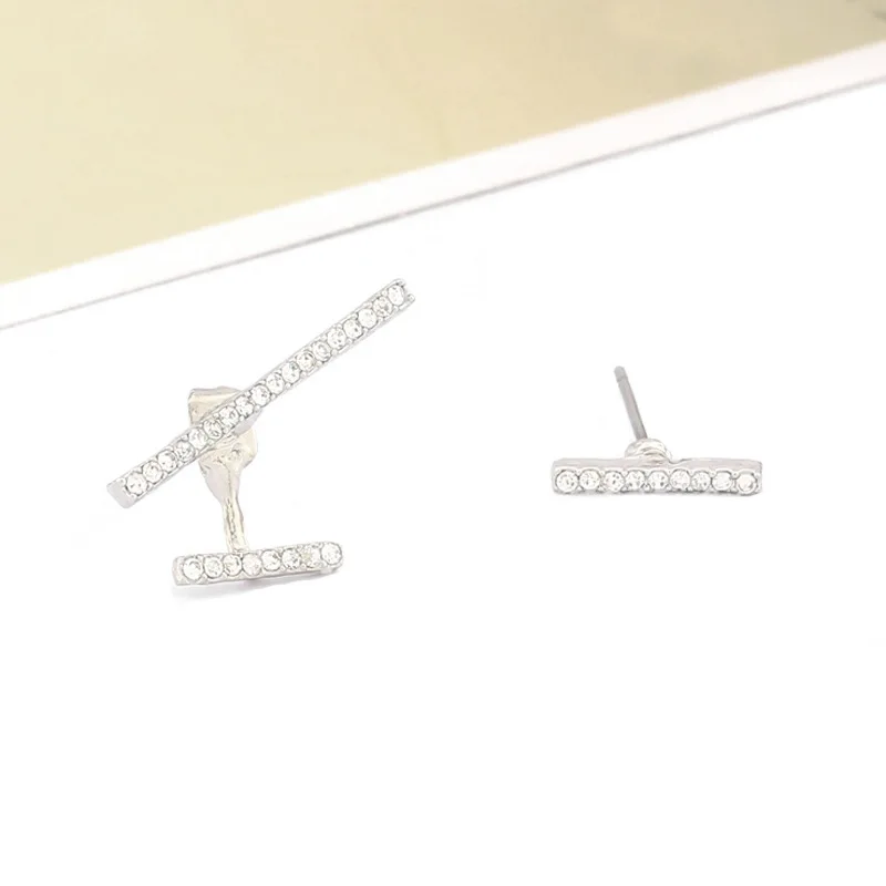 

Double Side Crystal Stud Earrings Silver Asymmetry Earring Rhinestone Zircon Charm Ear Jewelry Women Accessories Pendientes