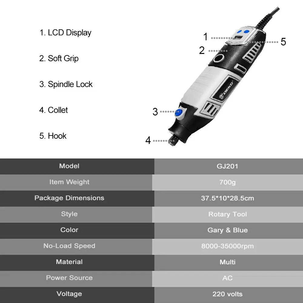 DEKO GJ201 LCD вращающийся инструмент с переменной скоростью Dremel стиль гравер