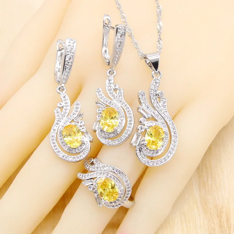 Желтый Кубический Цирконий 925 Серебряный Ювелирный Набор для женщин браслет серьги ожерелье кулон кольцо подарок на день рождения свадьбу