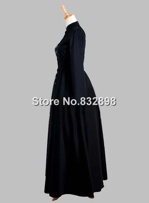 Botão na Parte da Frente da Era Vestido de Seda Gótico Preto Vitoriana Tailandesa 3 Moda Feminina