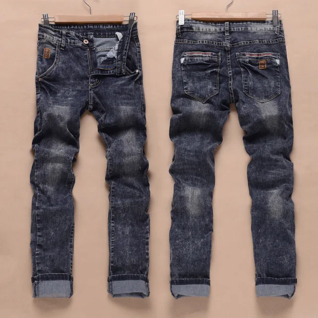 2015 New Men's Long Jeans Washed Black Stretch Cotton Washed Distressed ...