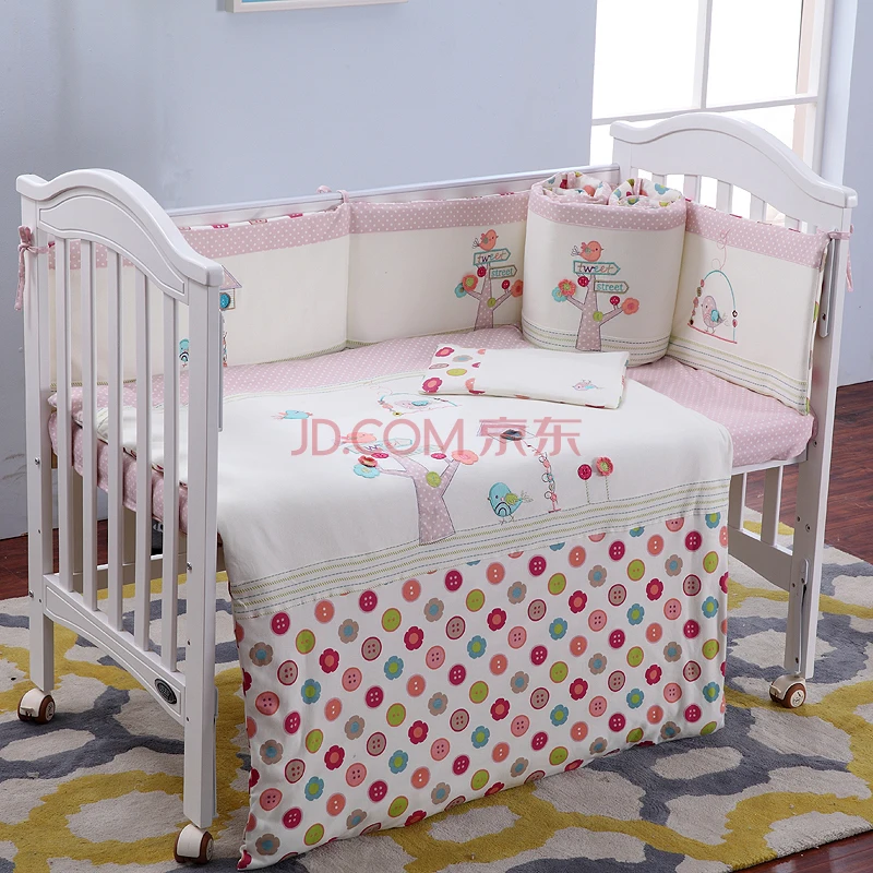 100 cotton Embroidery bird tree flowers Pink girl baby bedding set