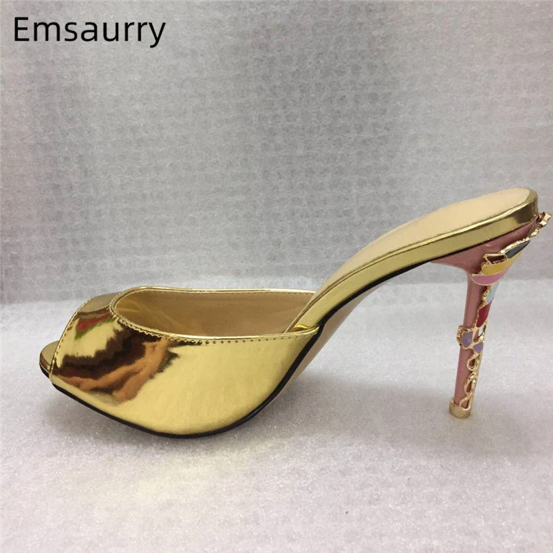 

Colorful Metal Decoration Heel Slippers Women Sexy Peep Toe Bright Gold Patent Leather High Heel Fashion Outwear Mules For Lady