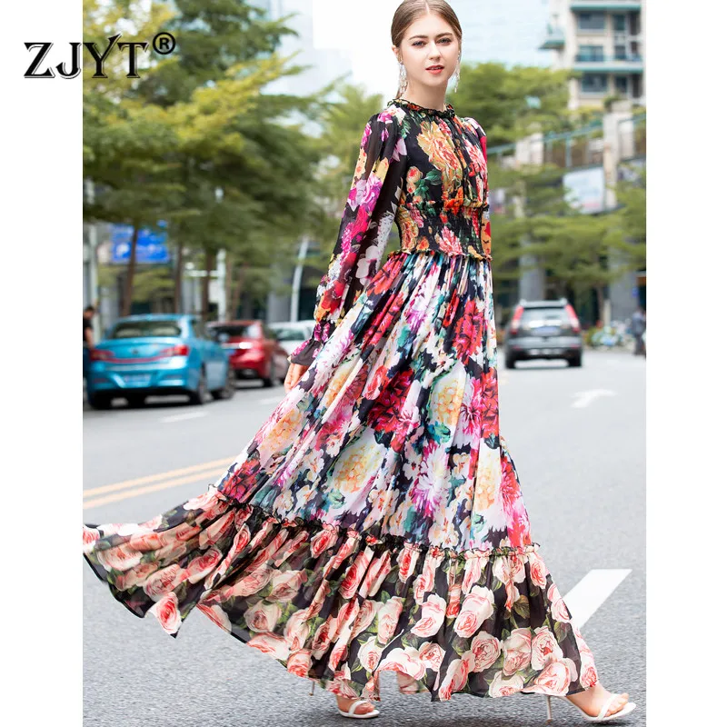 

High Quality Designer Runway Maxi Dress Long Sleeve 2019 Spring Women Vintage Floral Print Bohemian Chiffon Dress Vacation Beach