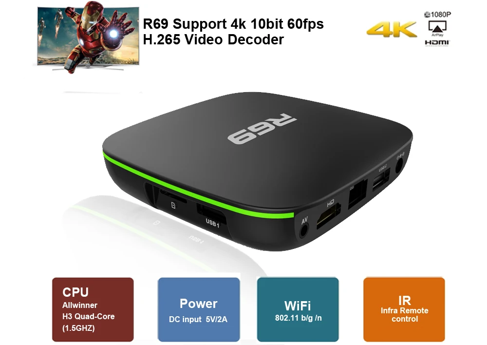 R69 Smart tv Box Android 7,1 1 ГБ 8 ГБ IP tv H3 четырехъядерный WiFi 2,4 ГГц 1G8G телеприставка 1080P HD Поддержка 3D медиаплеер
