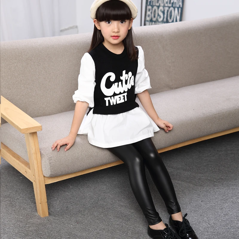 2017 Fall Winter Girl Plus Velvet PU Leather Leggings Children Fashion
