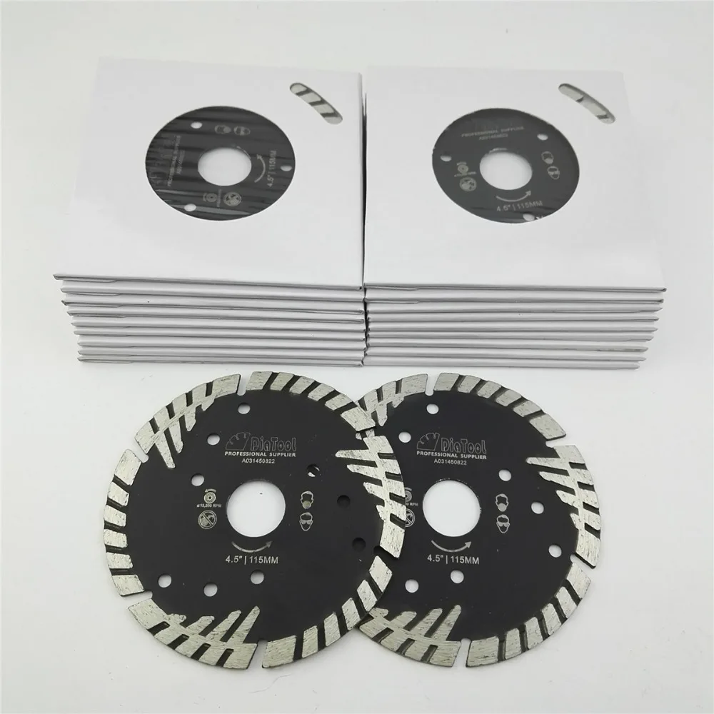 

DIATOOL 20pcs 115mm Hot pressed Diamond turbo Blade with Slant protection teeth 4.5" for stone & concrete cutting 22MM