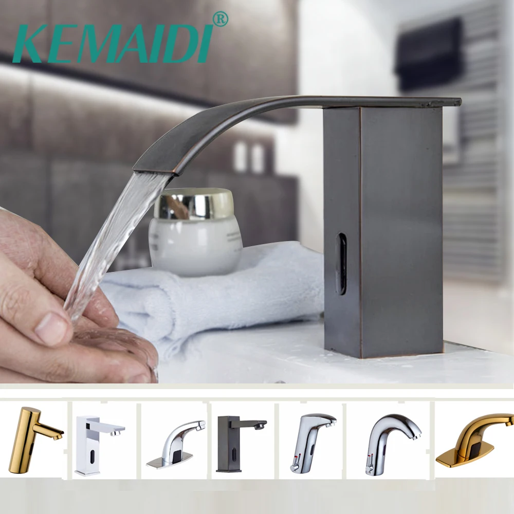 Torneira do Banheiro Sensor de Mãos Livres de Bronze Kemaidi da Cozinha Automático Orb Preto Chrome Polido Swivel Mixer e única Torneira Fria