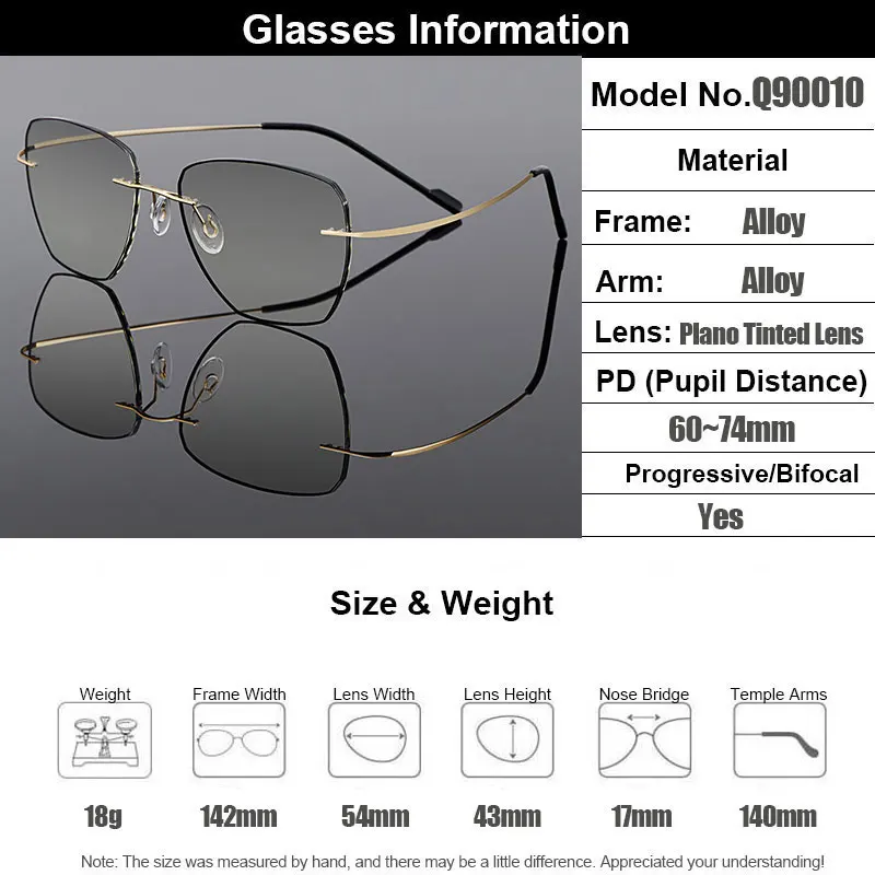 Gmei оптический Золотой титановый сплав мужские очки без оправы оправа с градиентным серым оттенком Плано линзы и черная граница Q90010