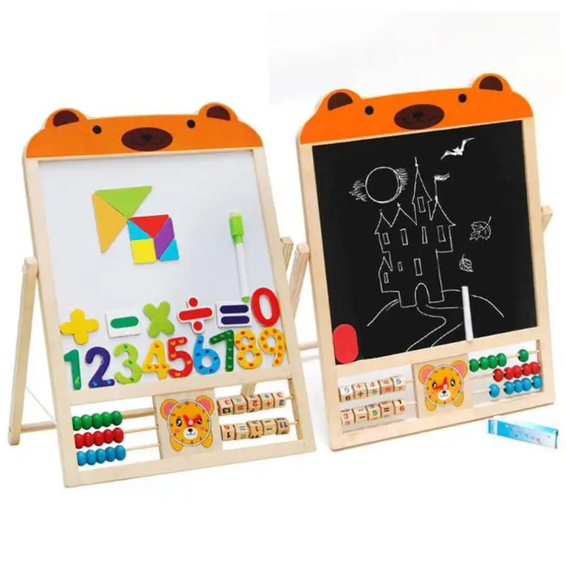 

2 IN 1 KIDS Wooden Blackboard Easel Stand Learning Board Vinyl Draw Chalkboard + Whiteboard With Wooden Stand Teaching Set
