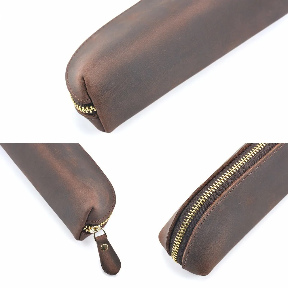 Moterm Handmade Genuine Leather Zipper Pen Pencil Bag Vintage Retro Style Creative School Stationary Accessories Free shipping