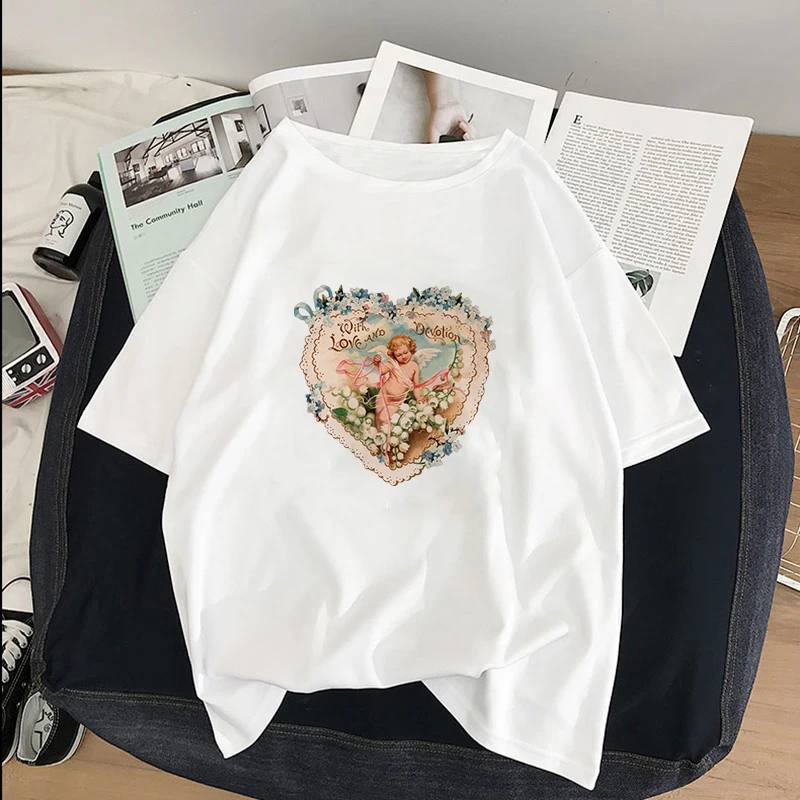 

Showtly Love With And Devotion Angels Summer Women's Fashion Large Size Loose Harajuku Casual Fun T-Shirt