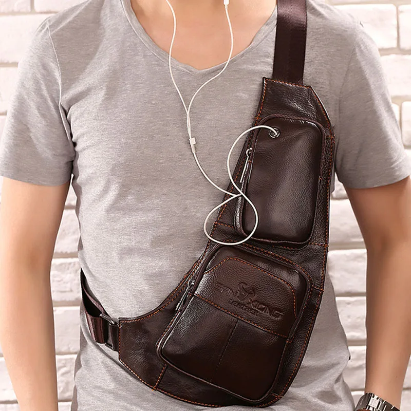 Натуральная кожа Мужская нагрудная сумка для мужчин сумка через плечо дорожная Мужская Слинг-рюкзак на спине - Цвет: Coffee
