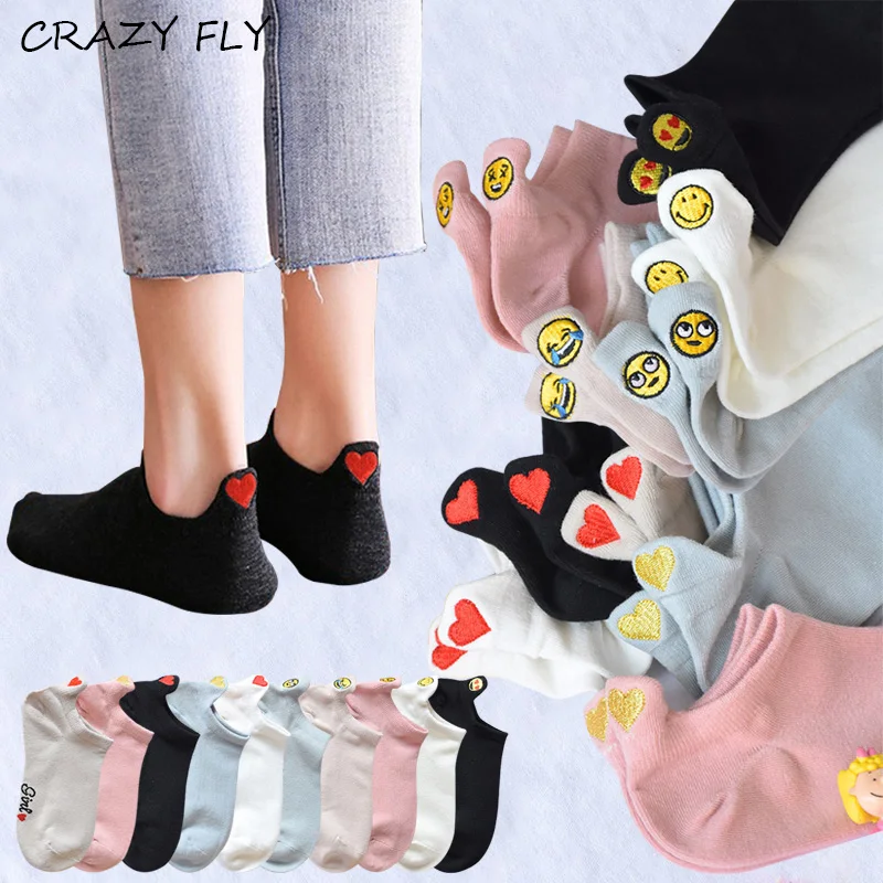 Women Girls Cotton Ankle Socks Kawaii Embroidered Emoji Pattern Funny Cute Socks