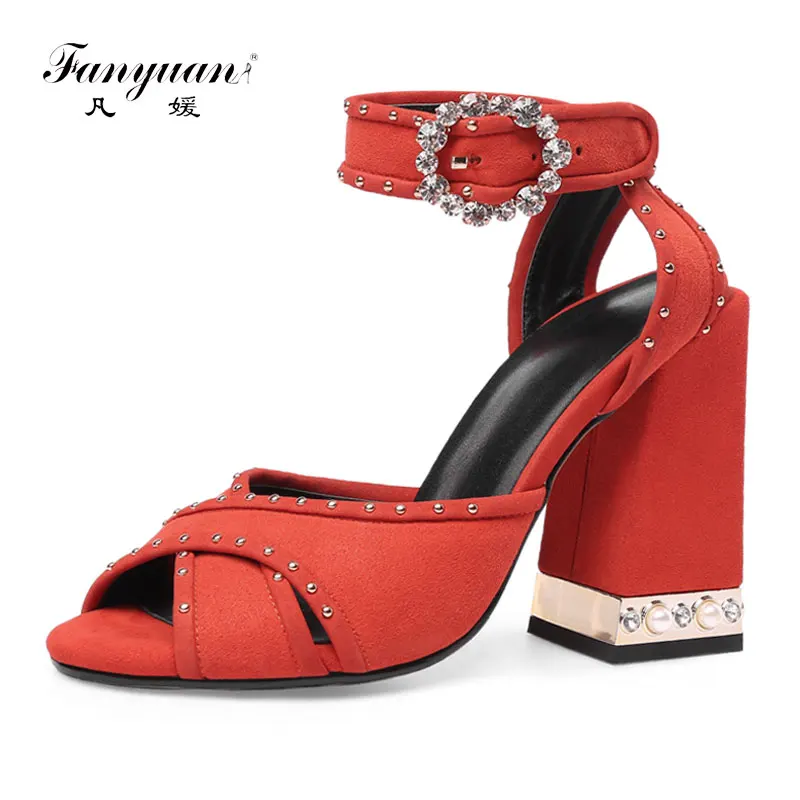 

Fanyuan summer Kid Suede woman Ankle strap high Heels Sandals Metal decoration elegant Wedding Peep toe Crystal Buckle Sandals