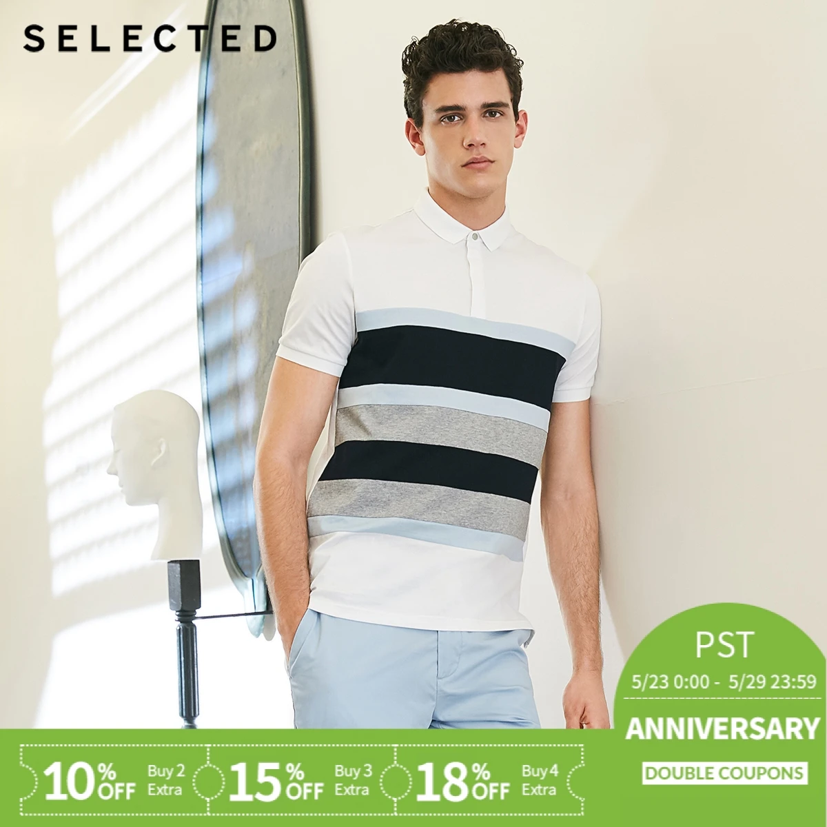 

SELECTED Mercerized cotton stripe splicing turn-down collar short-sleeved T shirt S|41823Z532