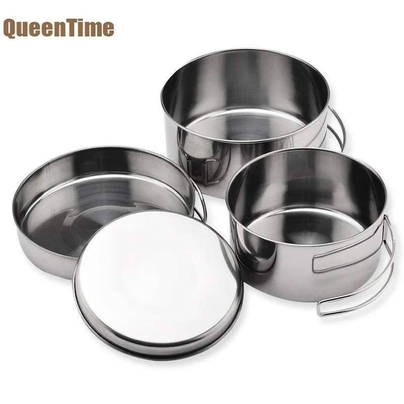 

QueenTime Outdoor Cooking Pot Set 4pcs Stainless Steel Food Holder Multifunction Cookware Picnic Food Container Kitchen Tools