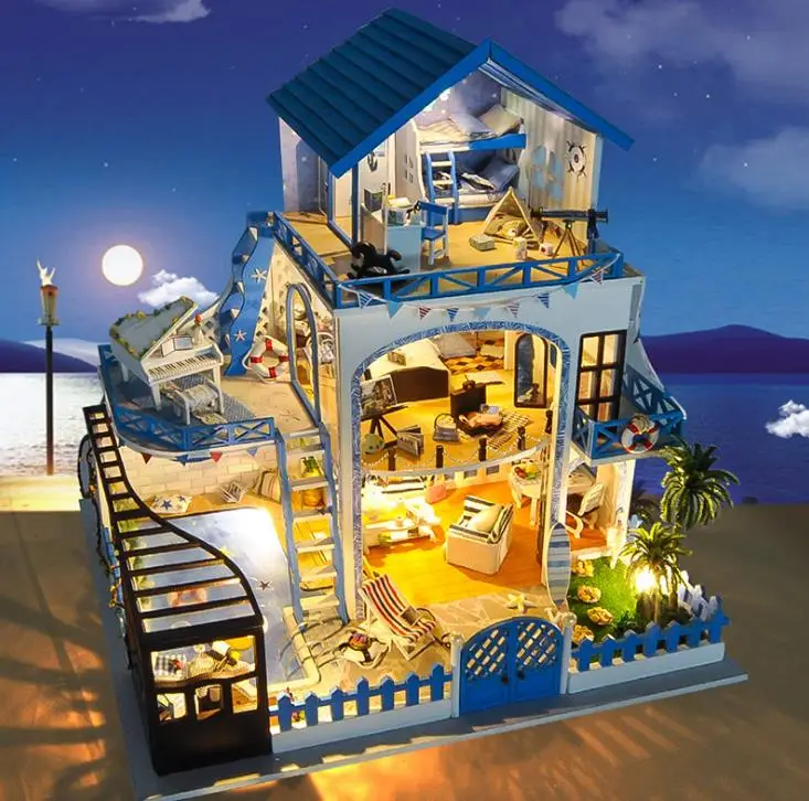 Красивое синее море вилла сад diy Кукольный дом, игрушки для детей макеты кукольного домика дома игрушки деревянный дом детский подарок