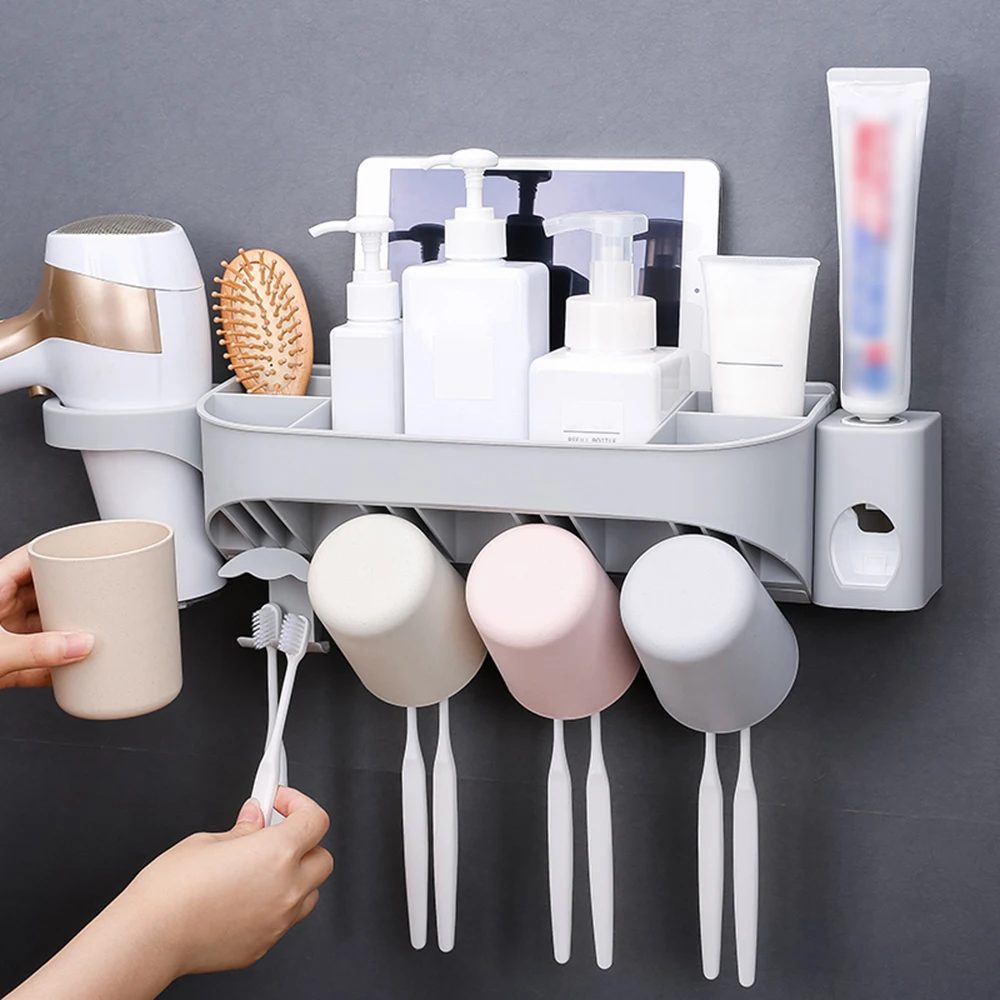 ECOCO Automatic Toothpaste Dispenser Wall-mounted Toothbrush Cup Holder Hair Dryer Storage Rack Bathroom Organizer Accessories