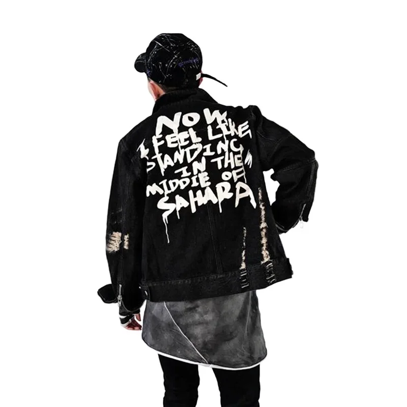 

Autumn Men Graffiti Denim Jackets Hip Hop Punk youth Man Vintage Frayed Hole Black motorcycle Zippers Cowboy jacket Coat